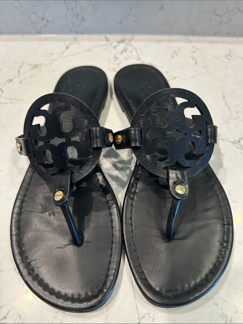Tory Burch Black Miller Sandals Leather Size 9
